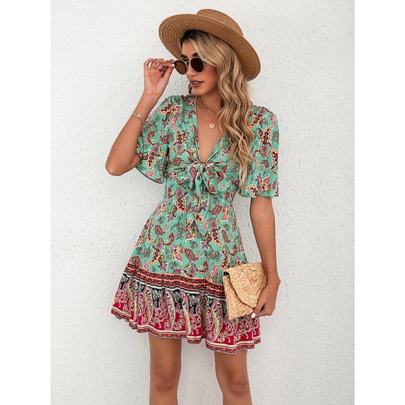 Paisley Floral Print Tie Front Flutter Sleeve Ruffle Hem Dress boho - Picture 3 of 6